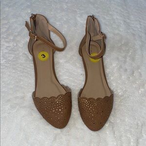 Brown Ankle Strap Rhinestone Flats